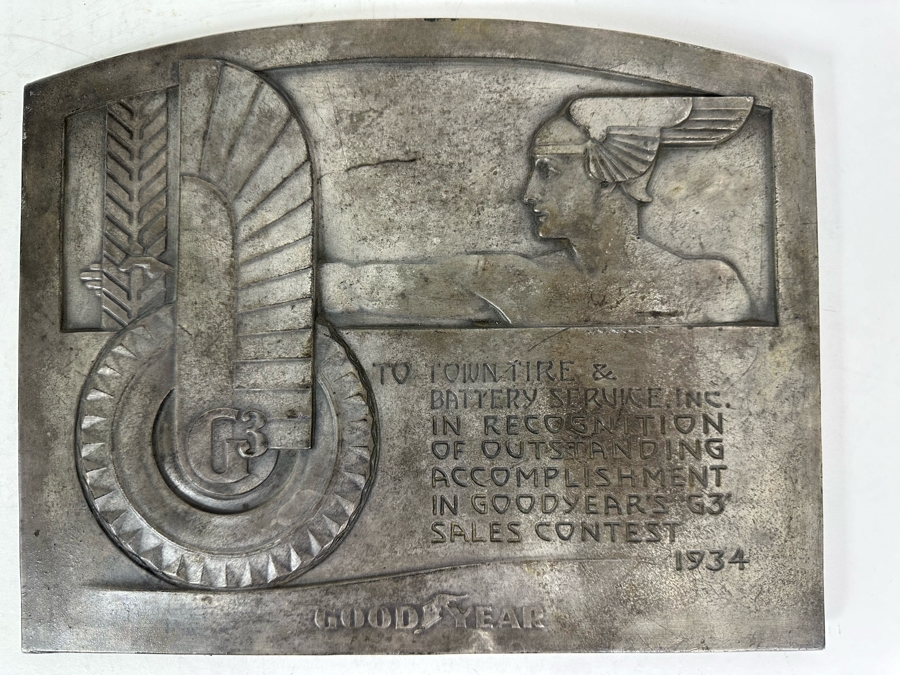 Impressive Vintage Art Deco Goodyear Tire Advertising Metal Wall Plaque To Town Tire & Battery Service, Inc In Recognition Of Goodyear's G3 Sales Contest 1934 11.5 X 9 [Photo 4]
