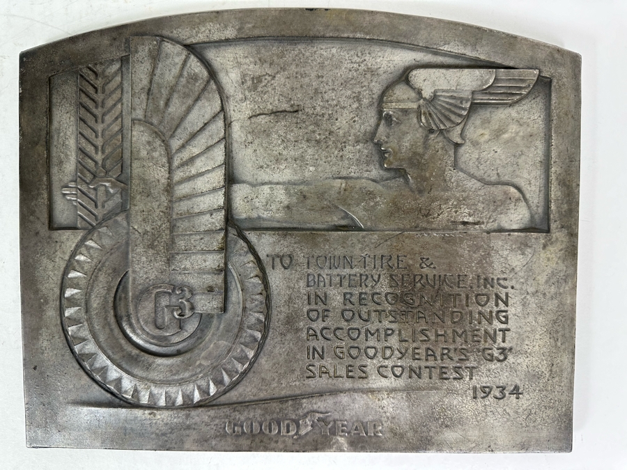 Impressive Vintage Art Deco Goodyear Tire Advertising Metal Wall Plaque To Town Tire & Battery Service, Inc In Recognition Of Goodyear's G3 Sales Contest 1934 11.5 X 9 [Photo 2]