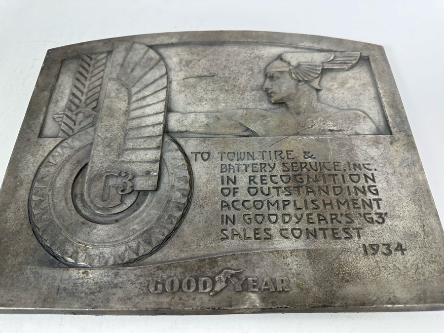 Impressive Vintage Art Deco Goodyear Tire Advertising Metal Wall Plaque To Town Tire & Battery Service, Inc In Recognition Of Goodyear's G3 Sales Contest 1934 11.5 X 9 [Photo 11]