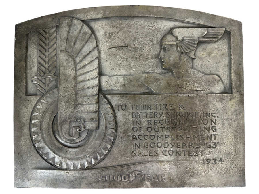 Impressive Vintage Art Deco Goodyear Tire Advertising Metal Wall Plaque To Town Tire & Battery Service, Inc In Recognition Of Goodyear's G3 Sales Contest 1934 11.5 X 9 [Photo 1]