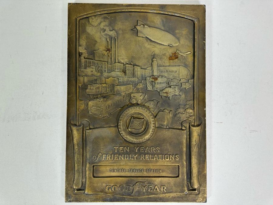 Impressive Vintage Art Deco Goodyear Tire Advertising Metal Wall Plaque Ten Years Of Friendly Relations Central Service Station With Zeppelin By Medallic-Art-Co N.Y. 12 X 17 [Photo 3]