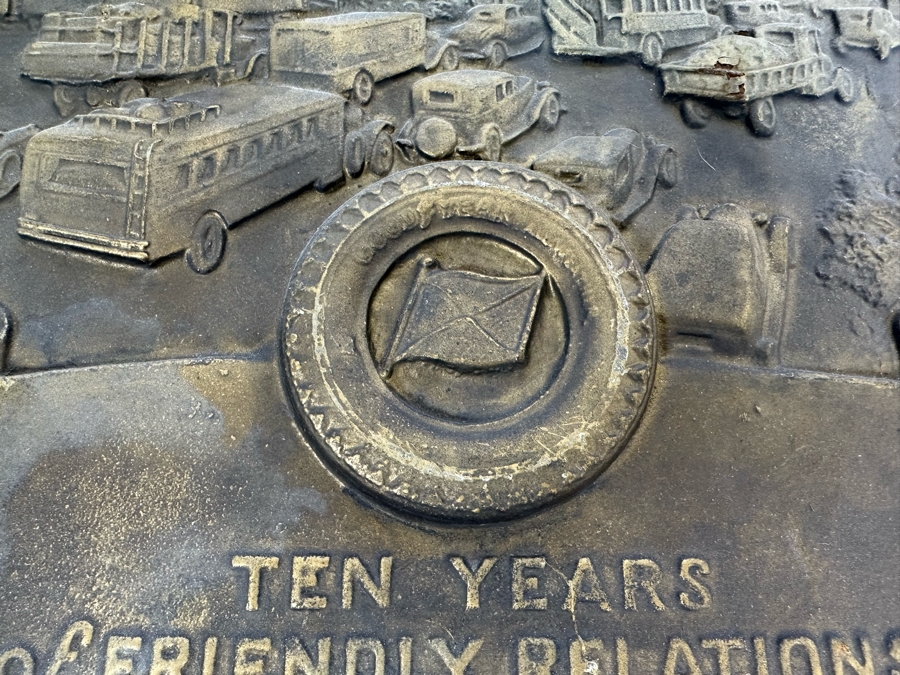 Impressive Vintage Art Deco Goodyear Tire Advertising Metal Wall Plaque Ten Years Of Friendly Relations Central Service Station With Zeppelin By Medallic-Art-Co N.Y. 12 X 17 [Photo 8]