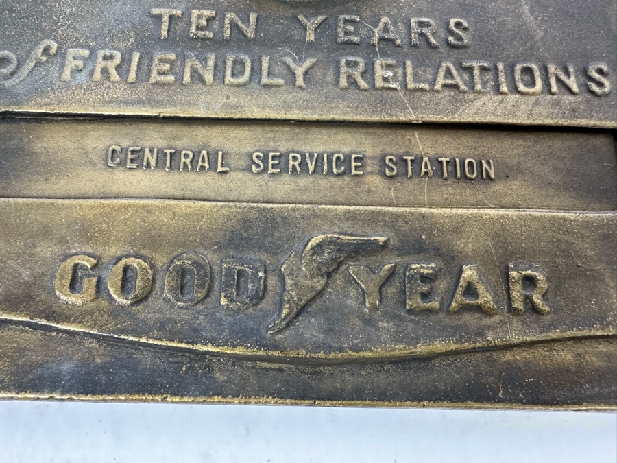 Impressive Vintage Art Deco Goodyear Tire Advertising Metal Wall Plaque Ten Years Of Friendly Relations Central Service Station With Zeppelin By Medallic-Art-Co N.Y. 12 X 17 [Photo 7]