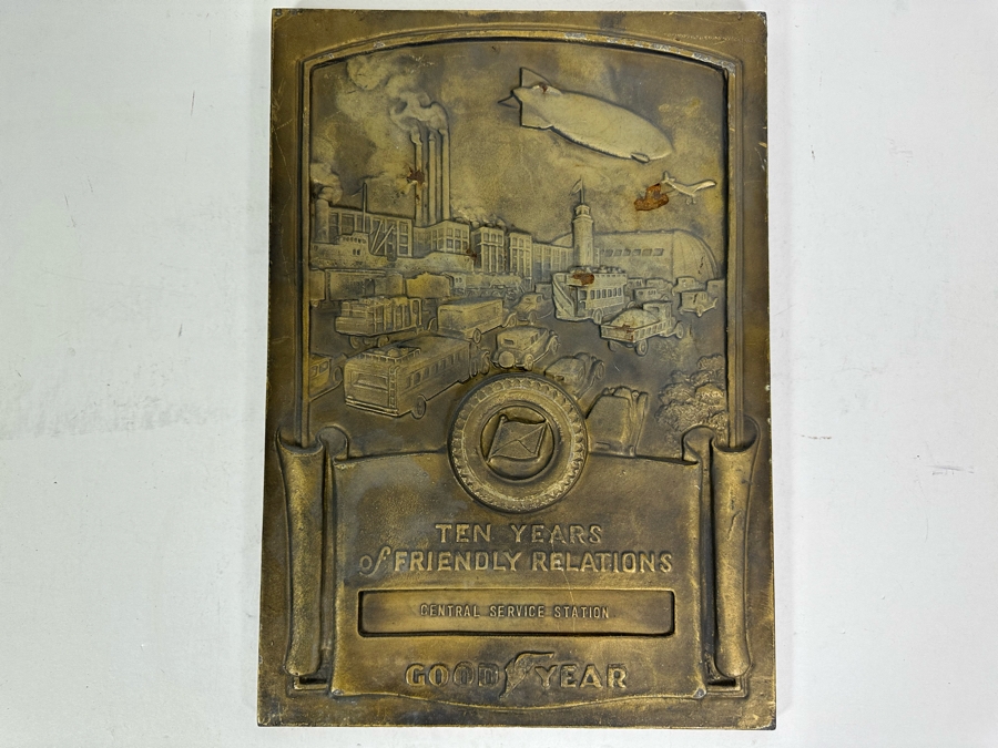 Impressive Vintage Art Deco Goodyear Tire Advertising Metal Wall Plaque Ten Years Of Friendly Relations Central Service Station With Zeppelin By Medallic-Art-Co N.Y. 12 X 17 [Photo 14]