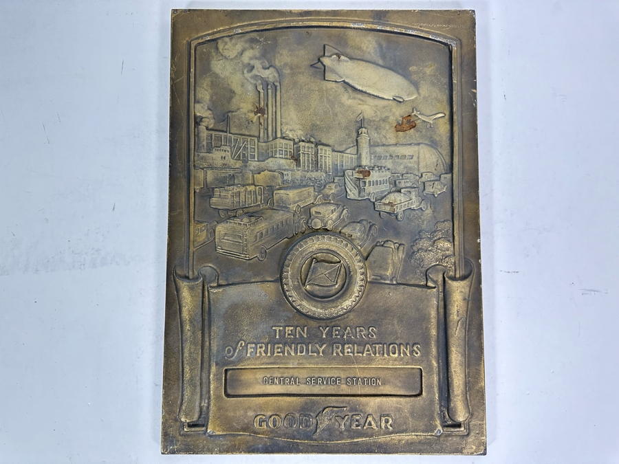 Impressive Vintage Art Deco Goodyear Tire Advertising Metal Wall Plaque Ten Years Of Friendly Relations Central Service Station With Zeppelin By Medallic-Art-Co N.Y. 12 X 17 [Photo 5]