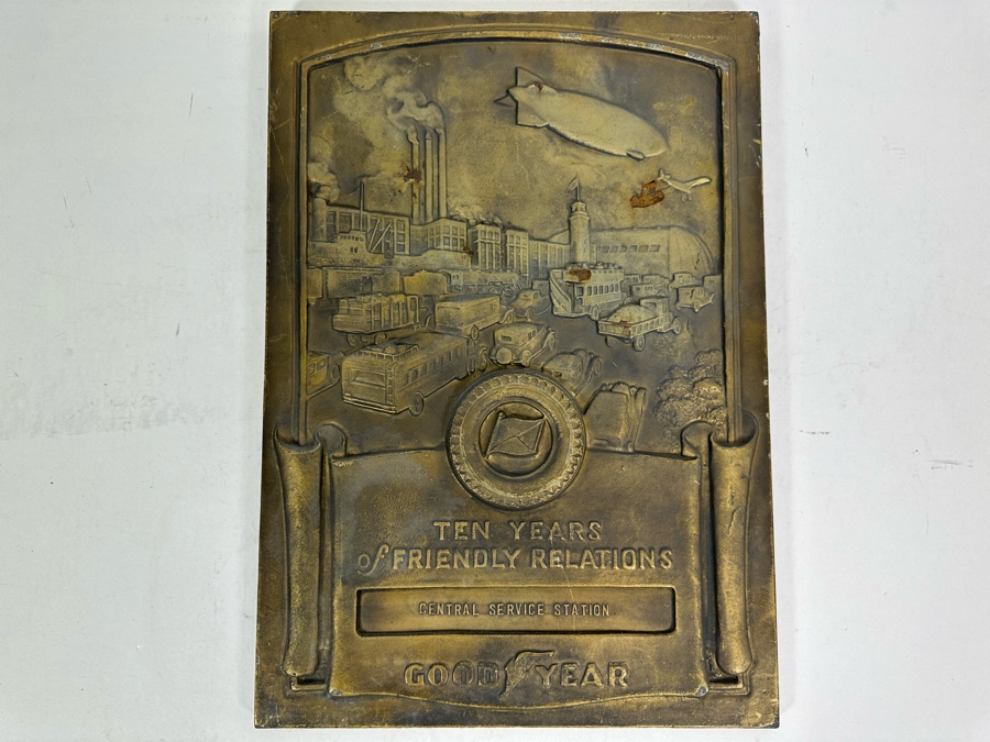 Impressive Vintage Art Deco Goodyear Tire Advertising Metal Wall Plaque Ten Years Of Friendly Relations Central Service Station With Zeppelin By Medallic-Art-Co N.Y. 12 X 17 [Photo 4]