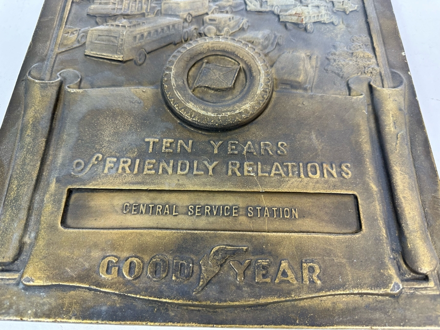 Impressive Vintage Art Deco Goodyear Tire Advertising Metal Wall Plaque Ten Years Of Friendly Relations Central Service Station With Zeppelin By Medallic-Art-Co N.Y. 12 X 17 [Photo 6]