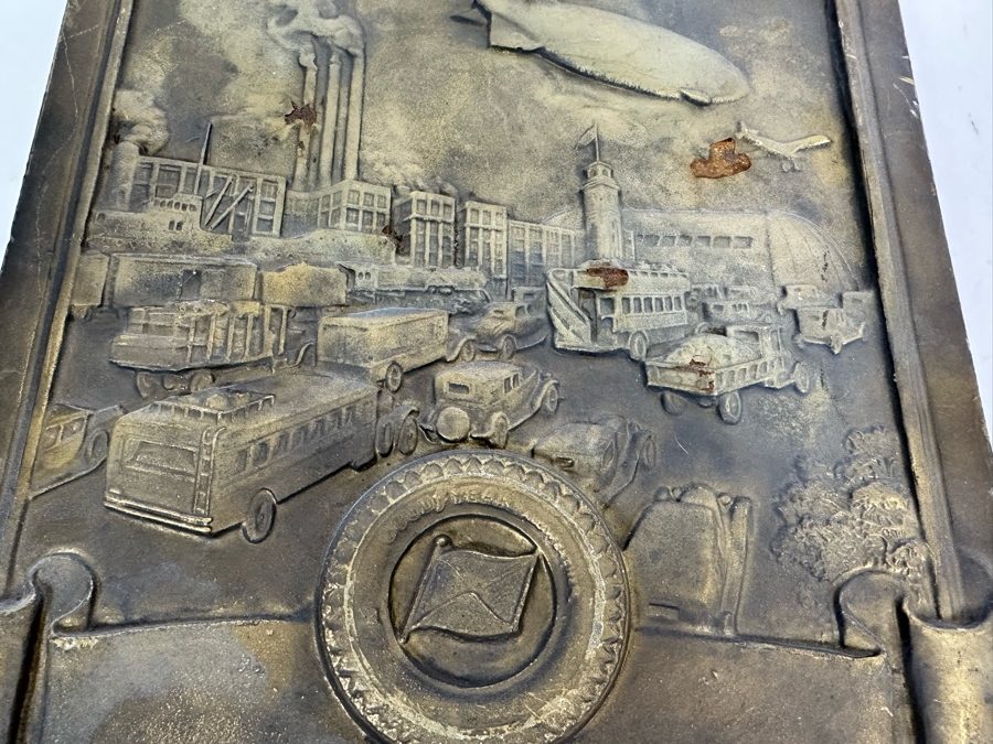 Impressive Vintage Art Deco Goodyear Tire Advertising Metal Wall Plaque Ten Years Of Friendly Relations Central Service Station With Zeppelin By Medallic-Art-Co N.Y. 12 X 17 [Photo 9]