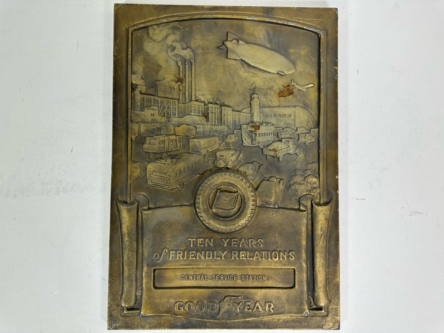 Impressive Vintage Art Deco Goodyear Tire Advertising Metal Wall Plaque Ten Years Of Friendly Relations Central Service Station With Zeppelin By Medallic-Art-Co N.Y. 12 X 17 [Photo 2]