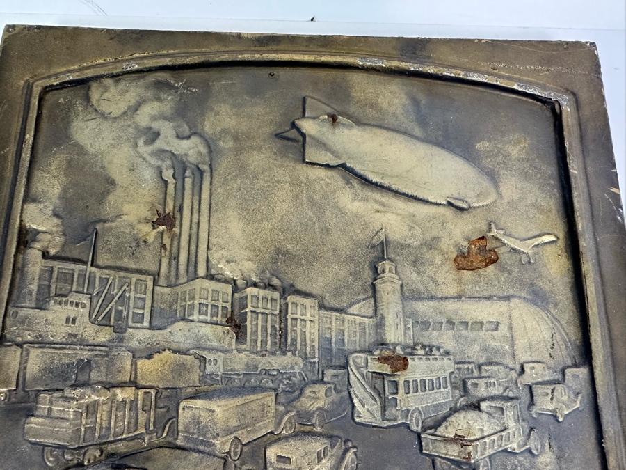 Impressive Vintage Art Deco Goodyear Tire Advertising Metal Wall Plaque Ten Years Of Friendly Relations Central Service Station With Zeppelin By Medallic-Art-Co N.Y. 12 X 17 [Photo 10]