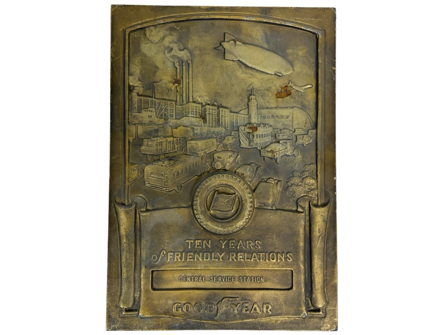 Impressive Vintage Art Deco Goodyear Tire Advertising Metal Wall Plaque Ten Years Of Friendly Relations Central Service Station With Zeppelin By Medallic-Art-Co N.Y. 12 X 17 [Photo 1]