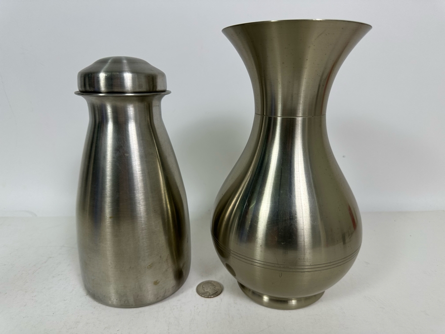 Metawa Tiel Holland Metal Vase 9H And Vintage Polar Allegheny Metal Ware Water Jar Canister With Lid 8H [Photo 3]