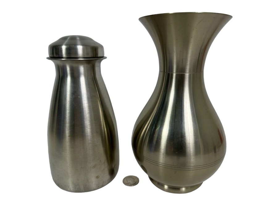 Metawa Tiel Holland Metal Vase 9H And Vintage Polar Allegheny Metal Ware Water Jar Canister With Lid 8H [Photo 1]