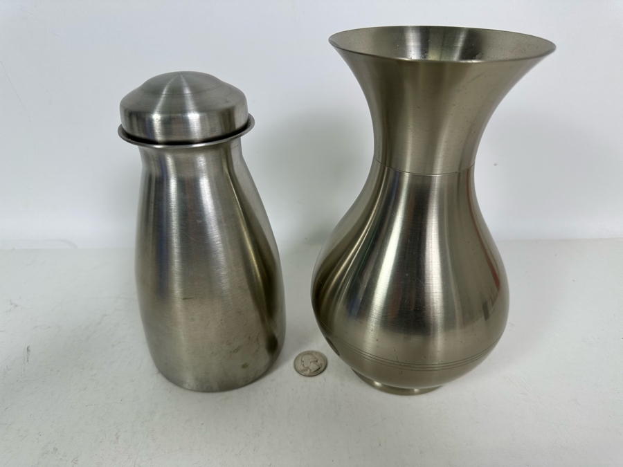 Metawa Tiel Holland Metal Vase 9H And Vintage Polar Allegheny Metal Ware Water Jar Canister With Lid 8H [Photo 4]