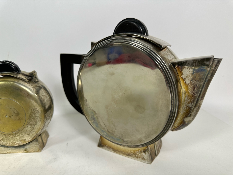 Pair Of Vintage Art Deco Silverplate Teapots With Sugar 7H [Photo 6]