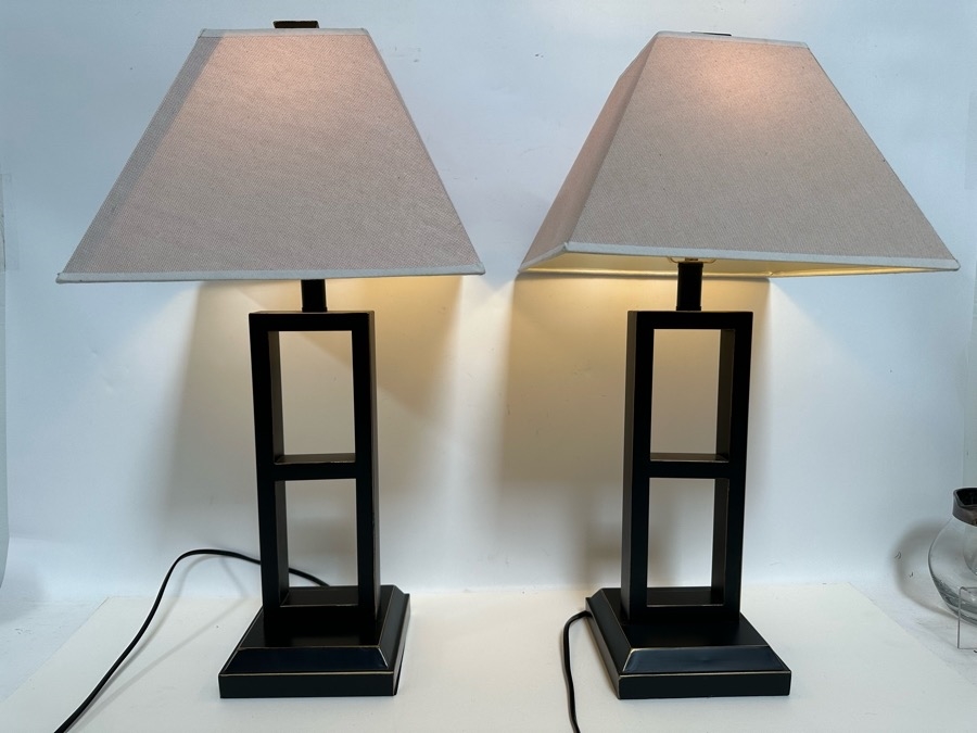 Just Added - Pair Of Modern Black Metal With Gold Accents Table Lamps 28H [Photo 2]