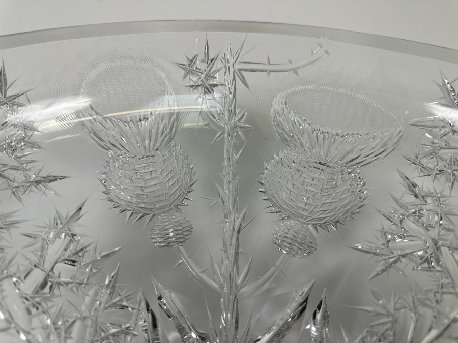 Just Added - Josef Svarc (B. 1928, Czechoslovakian) Signed Deep Cut Bohemia Glass Footed Crystal Centerpiece Bowl Scottish Thistles Intaglio Cut, Rare 13W X 4.5H [Photo 4]