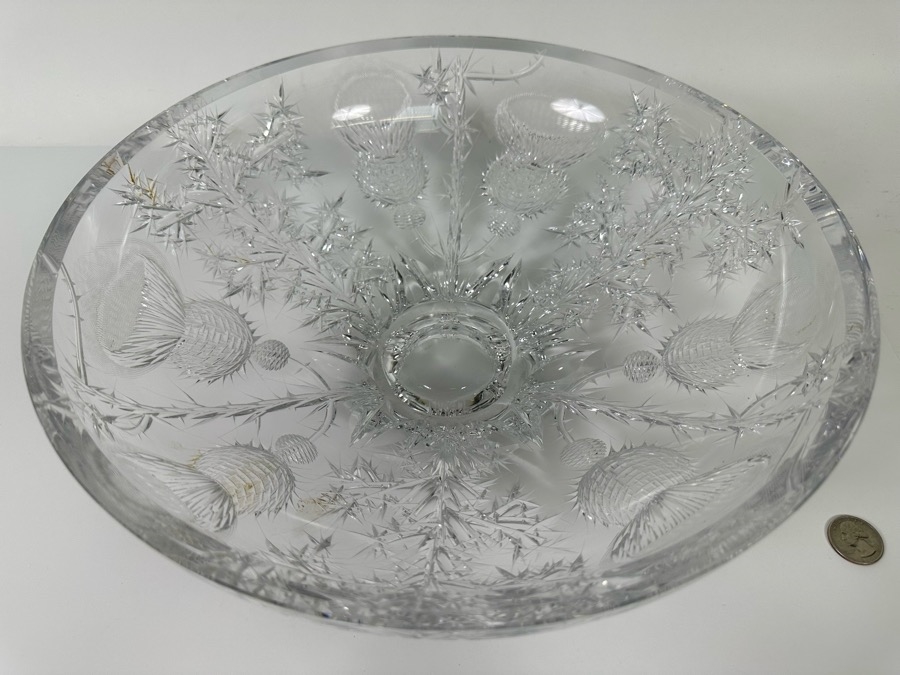 Just Added - Josef Svarc (B. 1928, Czechoslovakian) Signed Deep Cut Bohemia Glass Footed Crystal Centerpiece Bowl Scottish Thistles Intaglio Cut, Rare 13W X 4.5H [Photo 3]