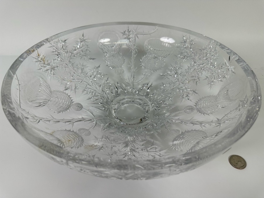 Just Added - Josef Svarc (B. 1928, Czechoslovakian) Signed Deep Cut Bohemia Glass Footed Crystal Centerpiece Bowl Scottish Thistles Intaglio Cut, Rare 13W X 4.5H [Photo 2]