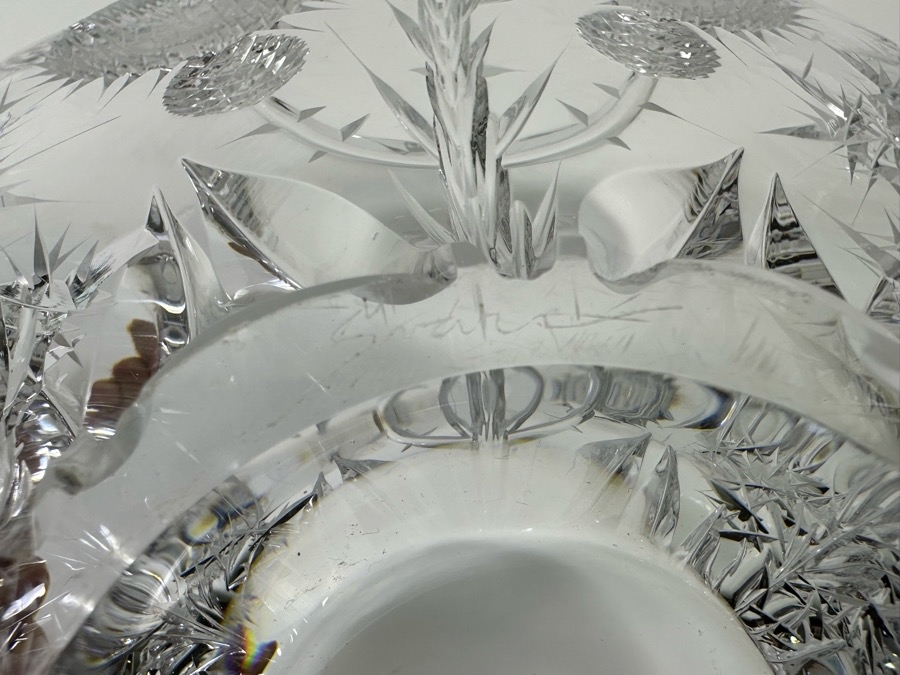 Just Added - Josef Svarc (B. 1928, Czechoslovakian) Signed Deep Cut Bohemia Glass Footed Crystal Centerpiece Bowl Scottish Thistles Intaglio Cut, Rare 13W X 4.5H [Photo 8]