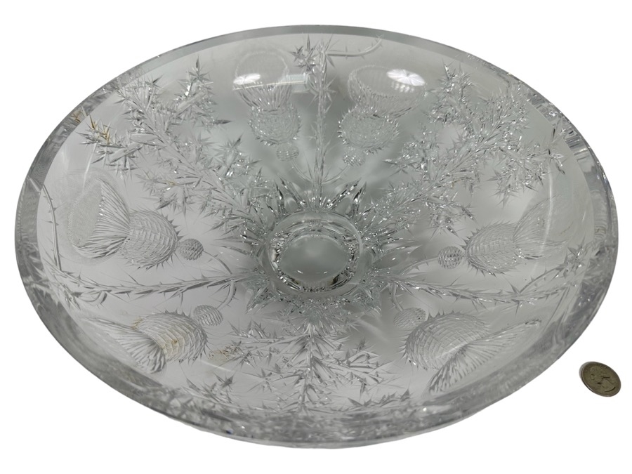 Just Added - Josef Svarc (B. 1928, Czechoslovakian) Signed Deep Cut Bohemia Glass Footed Crystal Centerpiece Bowl Scottish Thistles Intaglio Cut, Rare 13W X 4.5H