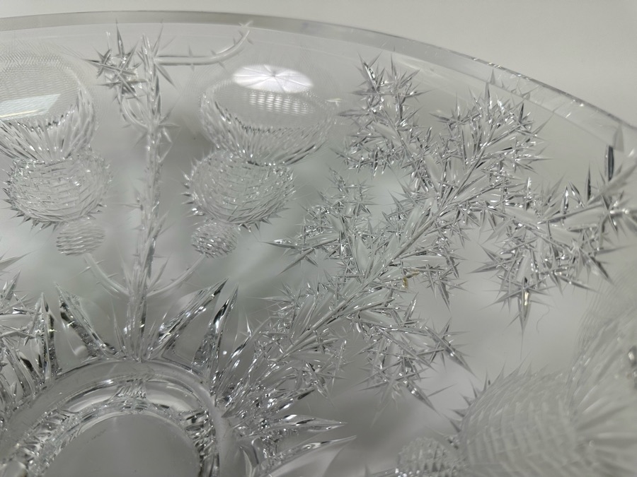 Just Added - Josef Svarc (B. 1928, Czechoslovakian) Signed Deep Cut Bohemia Glass Footed Crystal Centerpiece Bowl Scottish Thistles Intaglio Cut, Rare 13W X 4.5H [Photo 6]