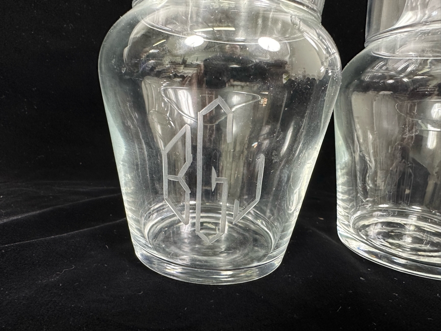Pair Of Glass Bedside Night Water Carafes With Cups 7H [Photo 4]