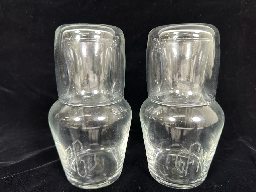 Pair Of Glass Bedside Night Water Carafes With Cups 7H [Photo 2]