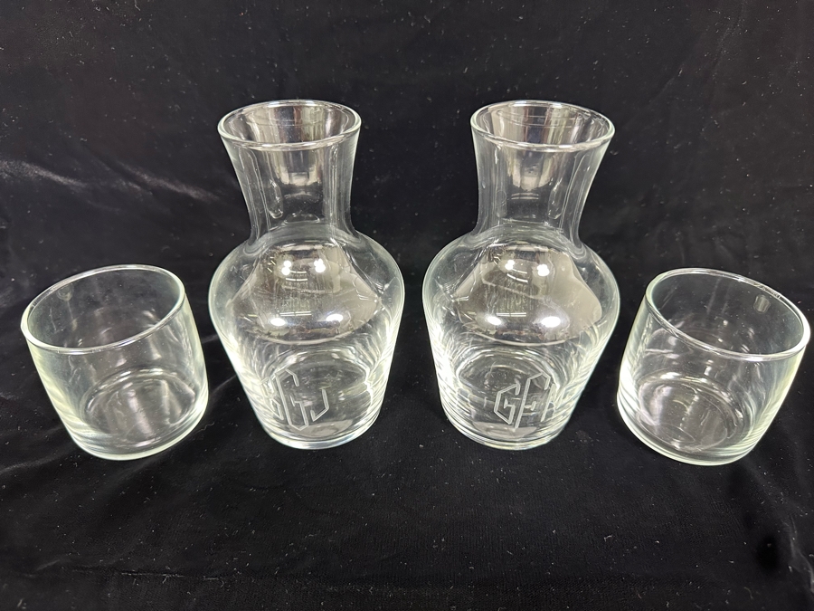 Pair Of Glass Bedside Night Water Carafes With Cups 7H [Photo 7]