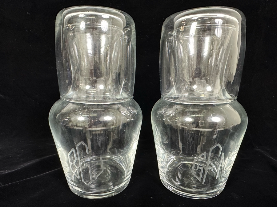 Pair Of Glass Bedside Night Water Carafes With Cups 7H [Photo 1]