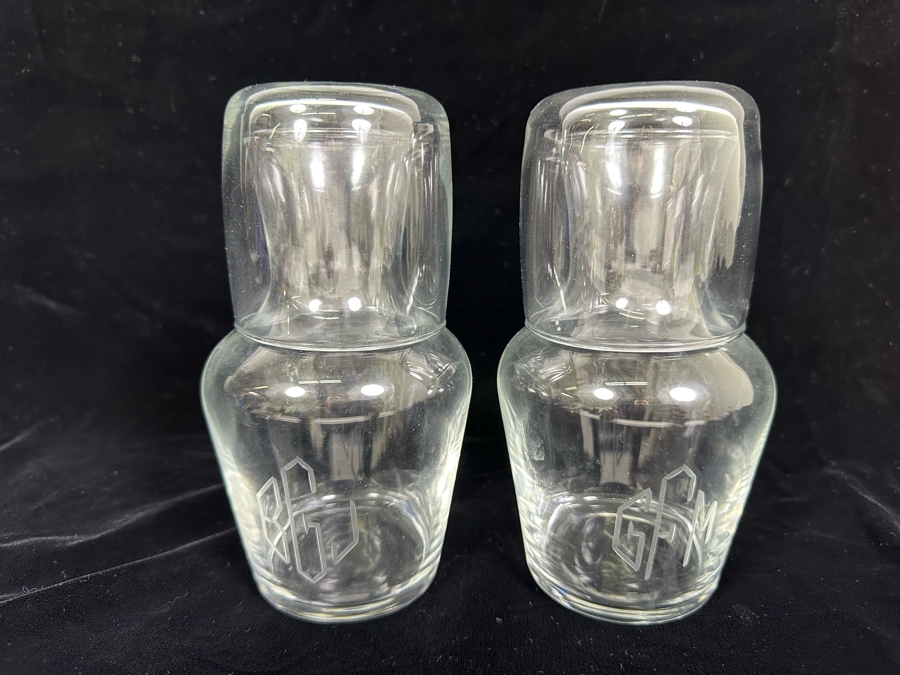 Pair Of Glass Bedside Night Water Carafes With Cups 7H [Photo 3]
