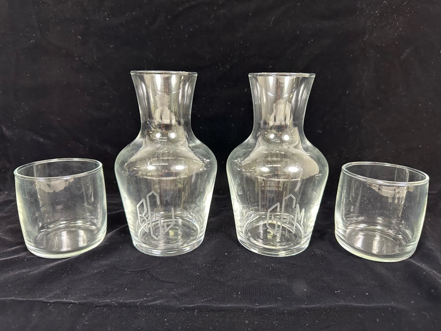 Pair Of Glass Bedside Night Water Carafes With Cups 7H [Photo 6]