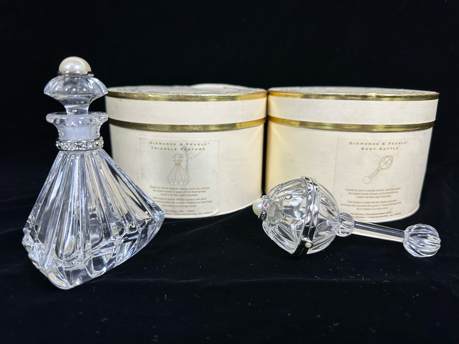 Lenox Diamonds & Pearls Baby Rattle & Lenox Diamonds & Pearls Triangle Perfume Bottle With Boxes [Photo 1]