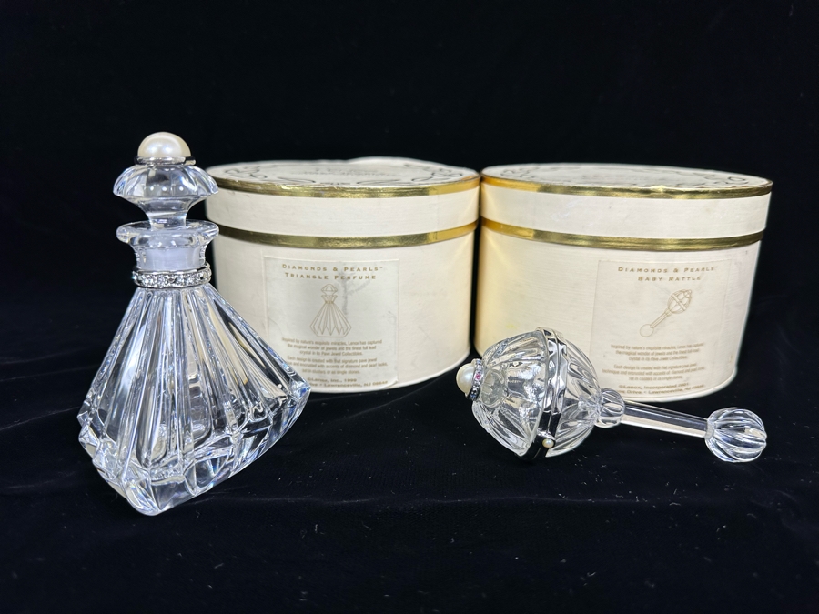 Lenox Diamonds & Pearls Baby Rattle & Lenox Diamonds & Pearls Triangle Perfume Bottle With Boxes [Photo 2]