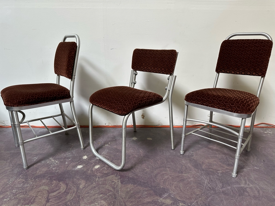 Warren McArthur Art Deco Aluminum Side Chairs With Mohair Fabric, Set Of Three Chairs 16W X 19D X 30H & 17W X 17D X 34H [Photo 6]