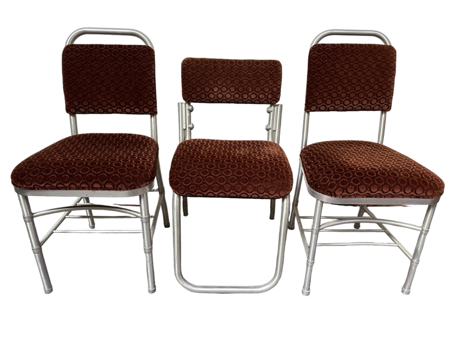 Warren McArthur Art Deco Aluminum Side Chairs With Mohair Fabric, Set Of Three Chairs 16W X 19D X 30H & 17W X 17D X 34H [Photo 1]