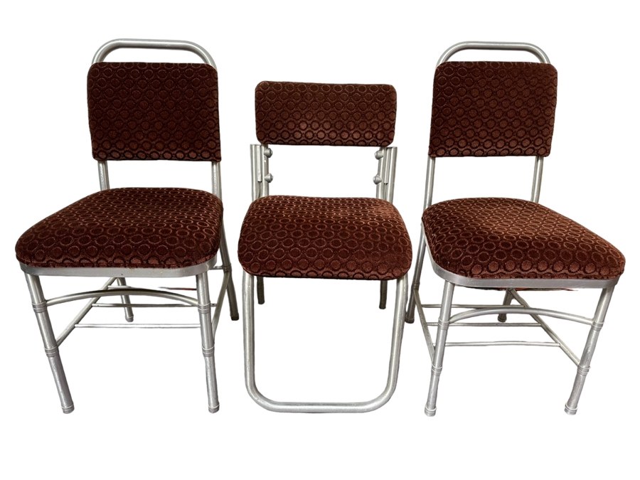 Warren McArthur Art Deco Aluminum Side Chairs With Mohair Fabric, Set Of Three Chairs 16W X 19D X 30H & 17W X 17D X 34H