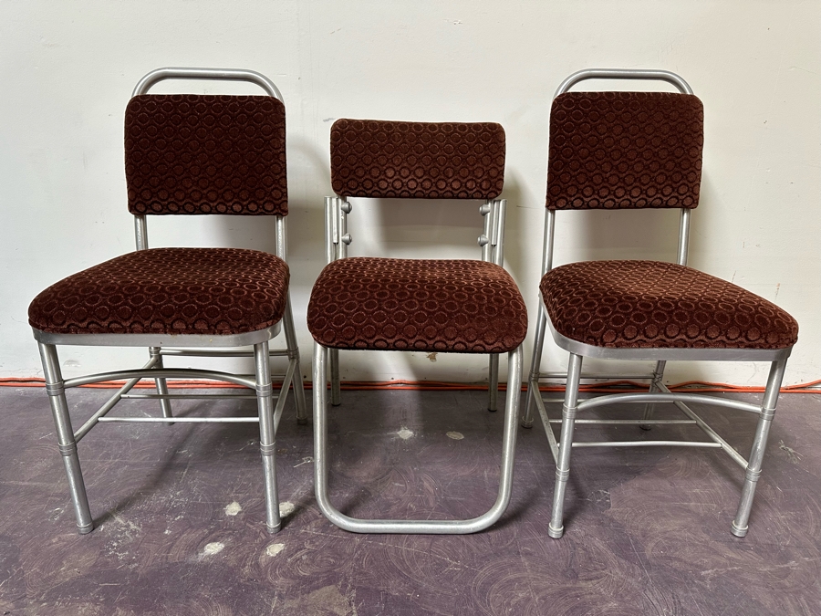 Warren McArthur Art Deco Aluminum Side Chairs With Mohair Fabric, Set Of Three Chairs 16W X 19D X 30H & 17W X 17D X 34H [Photo 2]