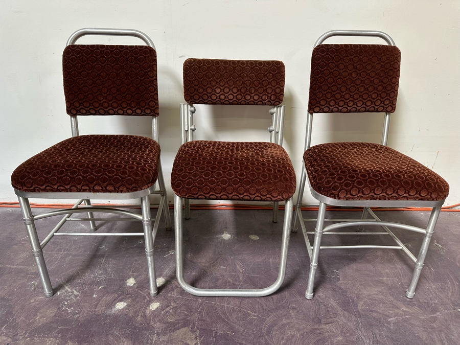 Warren McArthur Art Deco Aluminum Side Chairs With Mohair Fabric, Set Of Three Chairs 16W X 19D X 30H & 17W X 17D X 34H [Photo 3]