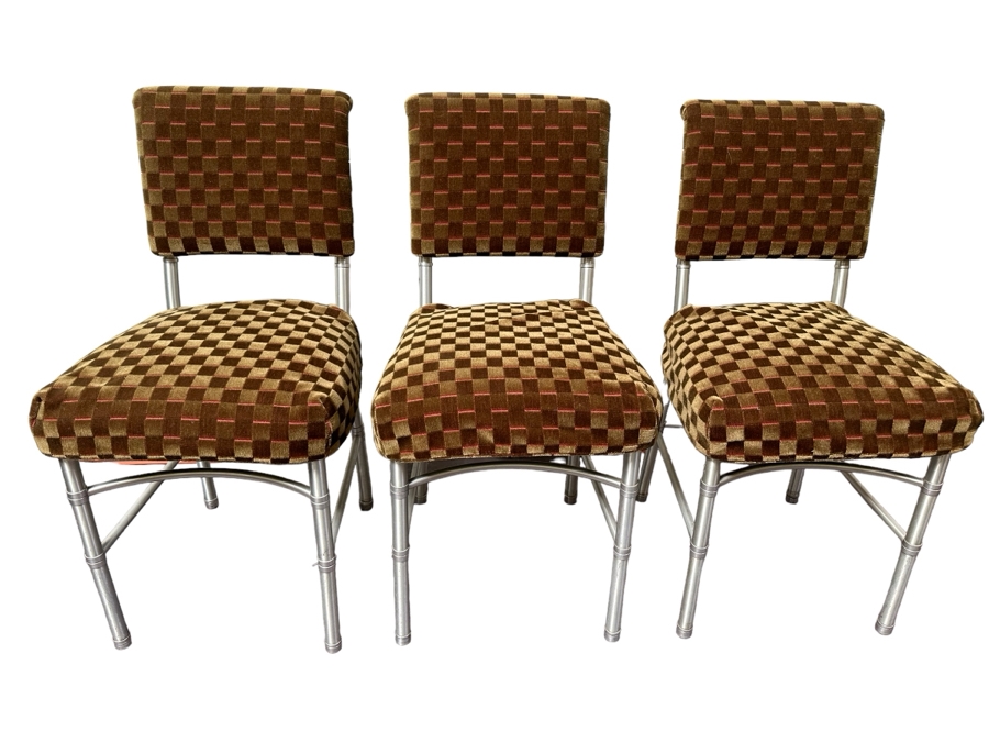 Warren McArthur Art Deco Aluminum Side Chairs With Mohair Fabric, Set Of Three Chairs With One Extra Chair That Needs Repair Or Use For Parts 18W X 18D X 34H