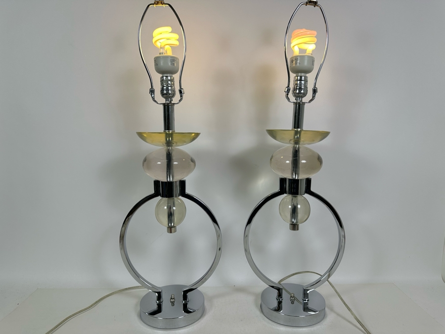 Pair Of Van Teal Geometric Lucite & Chrome Table Lamps No Shades 30H [Photo 6]