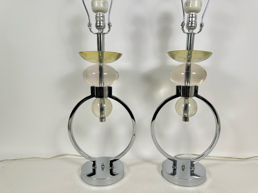 Pair Of Van Teal Geometric Lucite & Chrome Table Lamps No Shades 30H [Photo 4]