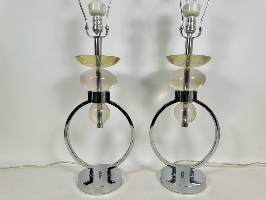 Pair Of Van Teal Geometric Lucite & Chrome Table Lamps No Shades 30H [Photo 3]
