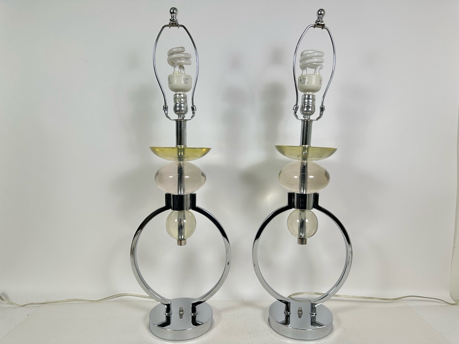 Pair Of Van Teal Geometric Lucite & Chrome Table Lamps No Shades 30H [Photo 2]