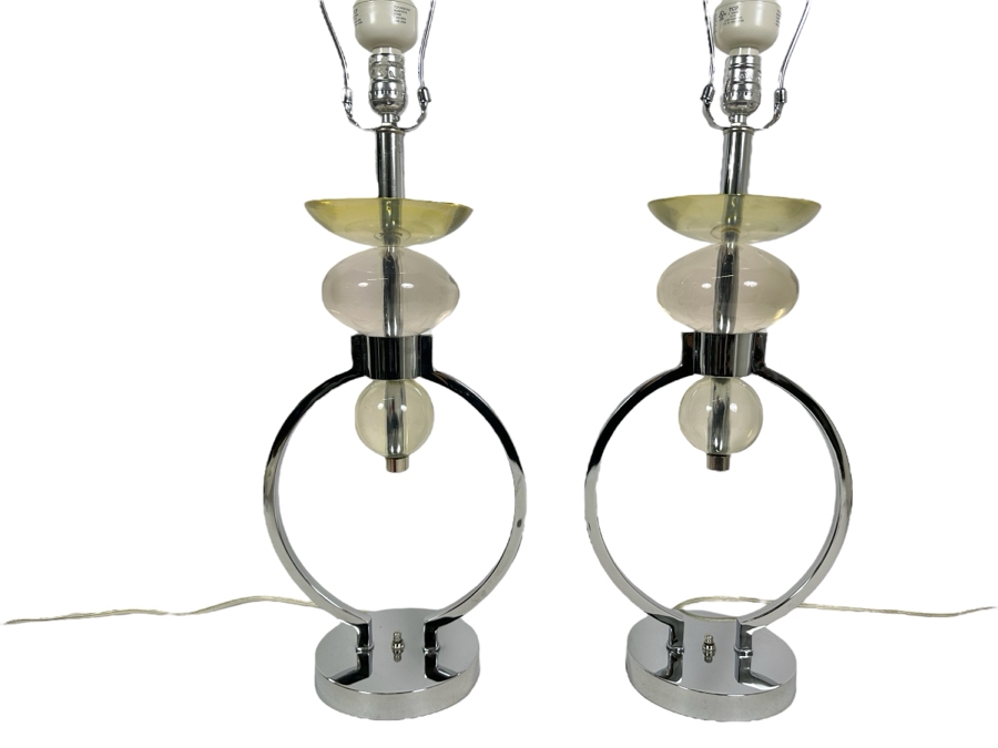 Pair Of Van Teal Geometric Lucite & Chrome Table Lamps No Shades 30H