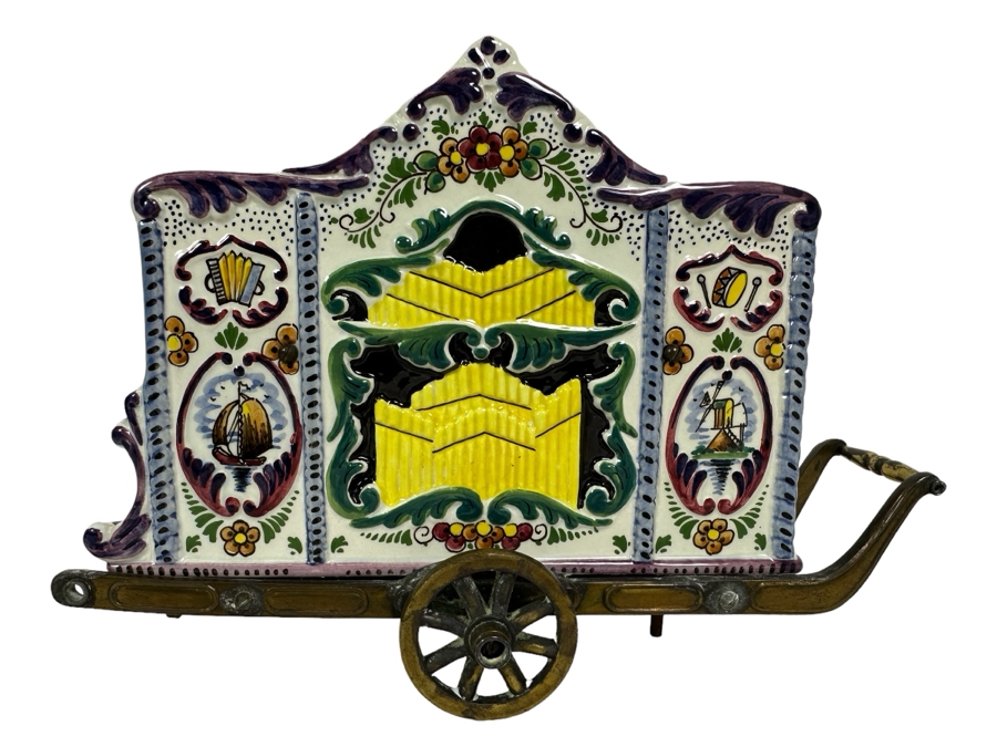 Vintage Hand Painted Delft Polychrome Porcelain / Brass Music Box Made In Holland Elesva 866 9W X 3D X 6.5H