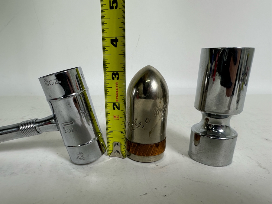 Vintage Chase Chrome Art Deco Barware Jigger Ice Hammer Bottle Opener, Bullet Shaped Take A Shot With Five Shot Glasses And Chrome Barware Jigger [Photo 9]