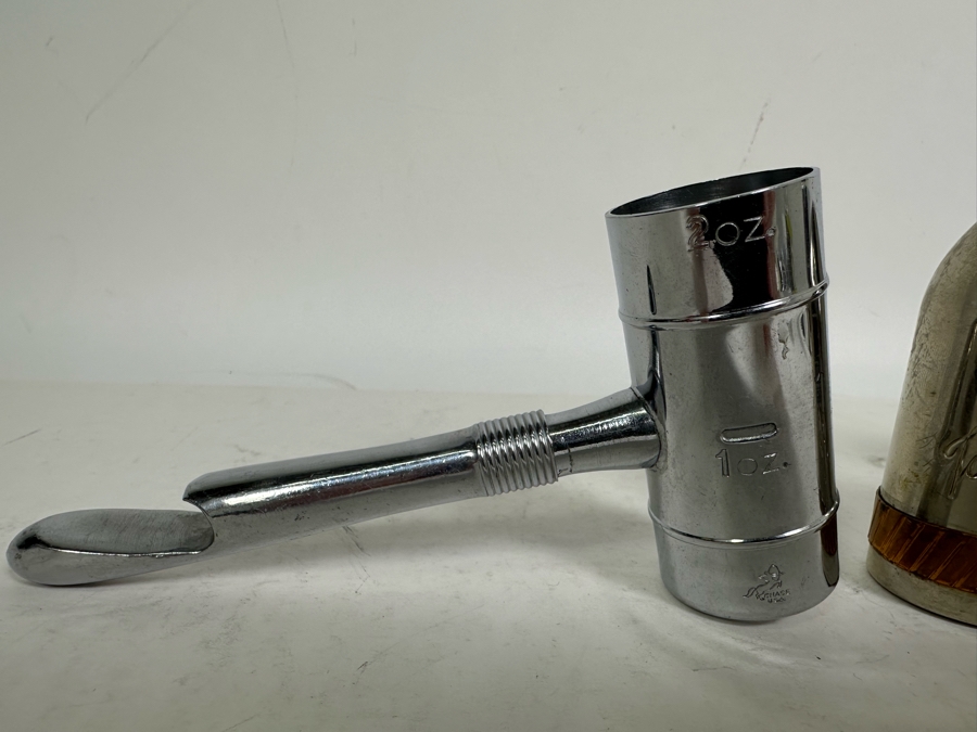 Vintage Chase Chrome Art Deco Barware Jigger Ice Hammer Bottle Opener, Bullet Shaped Take A Shot With Five Shot Glasses And Chrome Barware Jigger [Photo 5]