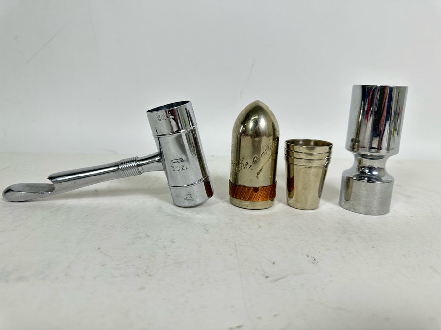 Vintage Chase Chrome Art Deco Barware Jigger Ice Hammer Bottle Opener, Bullet Shaped Take A Shot With Five Shot Glasses And Chrome Barware Jigger [Photo 2]