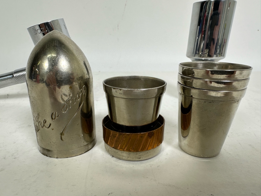 Vintage Chase Chrome Art Deco Barware Jigger Ice Hammer Bottle Opener, Bullet Shaped Take A Shot With Five Shot Glasses And Chrome Barware Jigger [Photo 8]